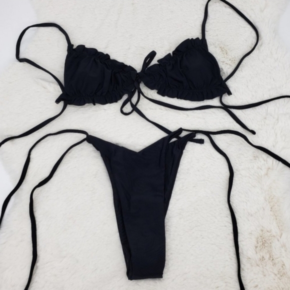 Black Ruched Top and Brazilian Bottom Bikini Set - Picture 6 of 6